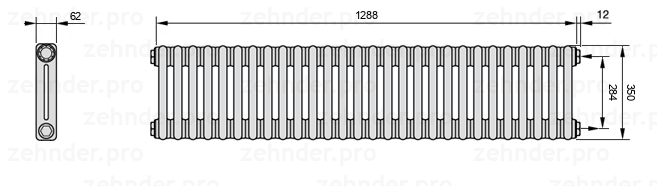 Схема (чертеж) Радиатор Zehnder Charleston 2035/28 №7610 Белый глянцевый RAL 9016